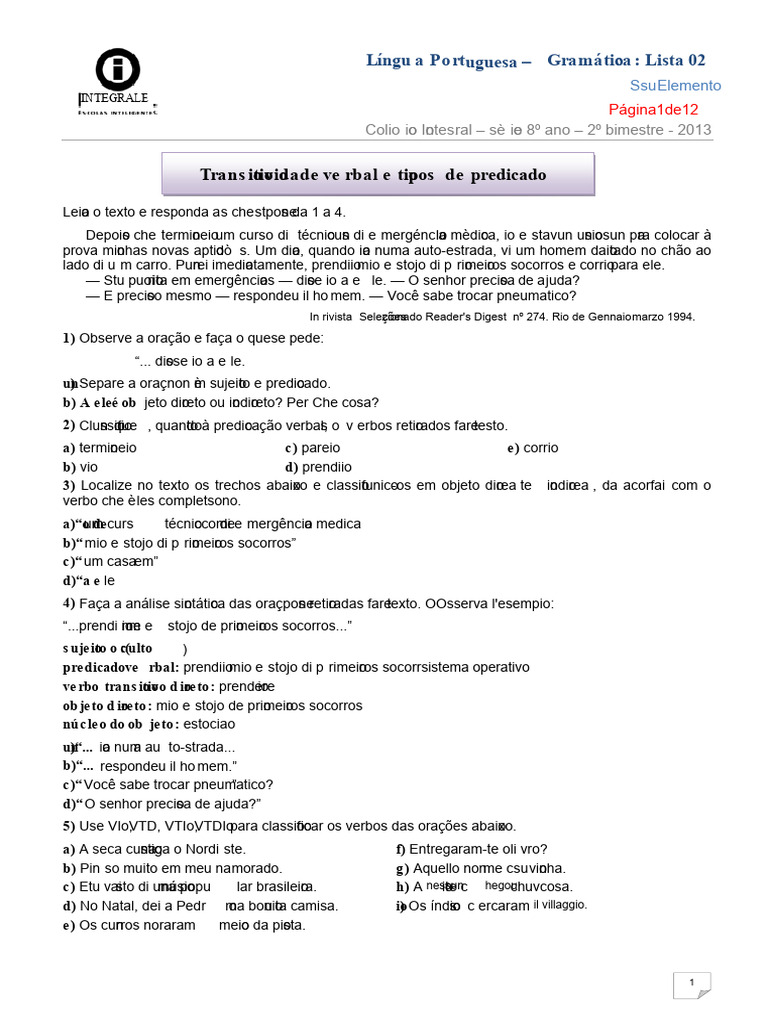Predicados e Verbos na Língua Portuguesa | PDF
