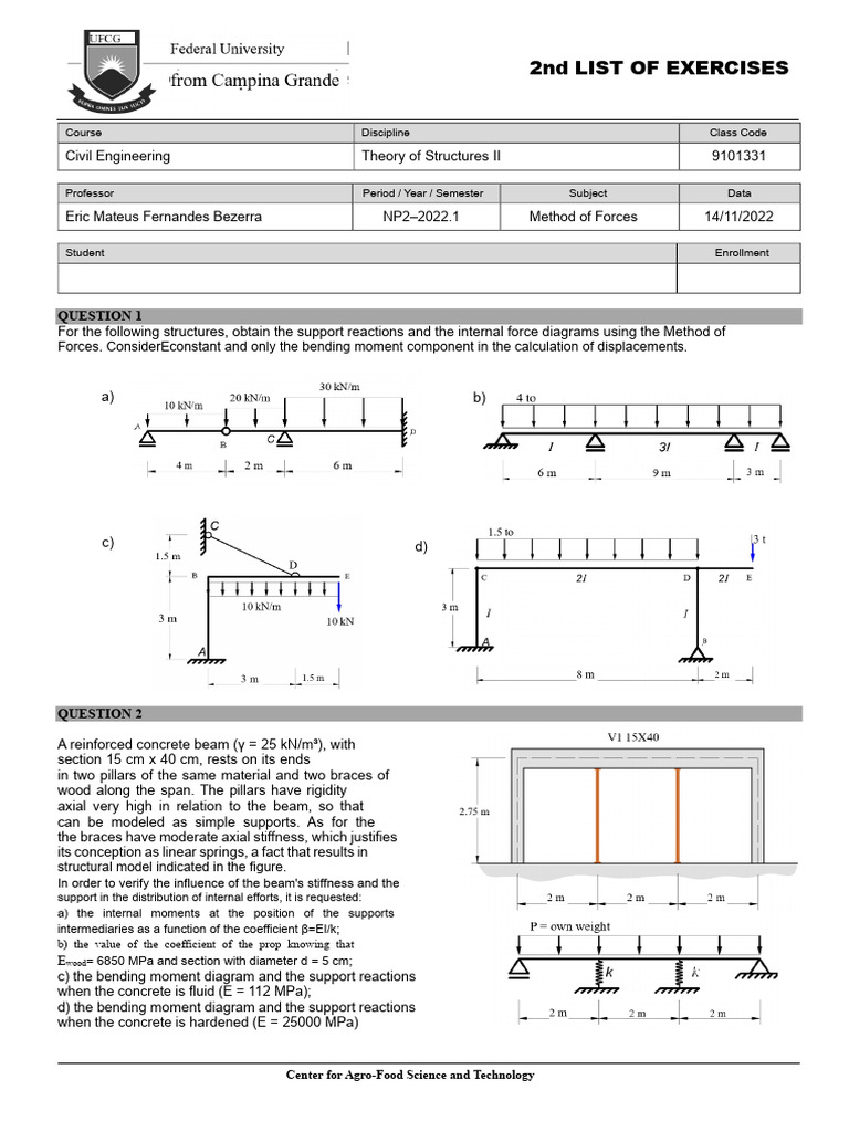 Theory of Structures 2 - List 2 - Method of Forces | PDF | Bending ...