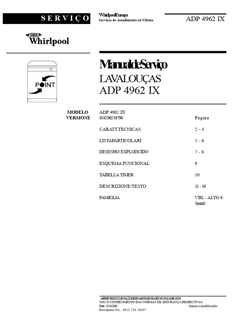 Manual de Serviço Lava-Louças ADP 4962 IX | PDF