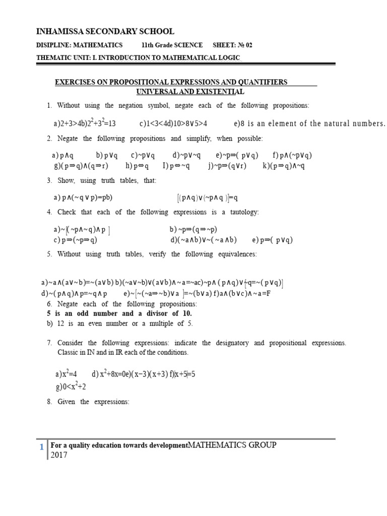 11th Grade Math Logic Exercises | PDF | Logic | Mathematical Logic