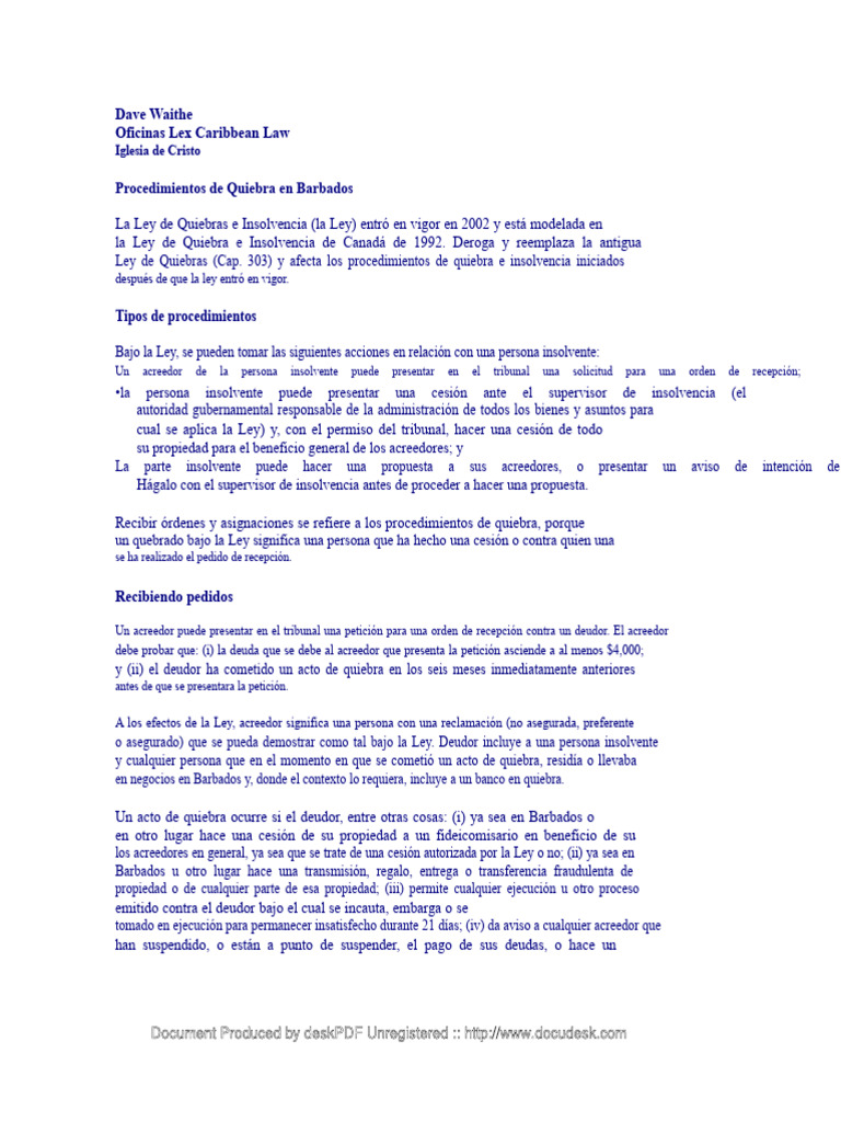 Procedimientos de Quiebra en Barbados | PDF | Bancarrota | Insolvencia