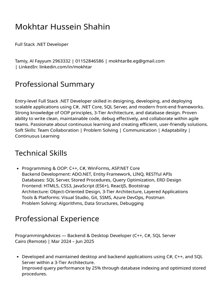 Entry-Level Full Stack .NET Developer | PDF | Microsoft Sql Server | C ...