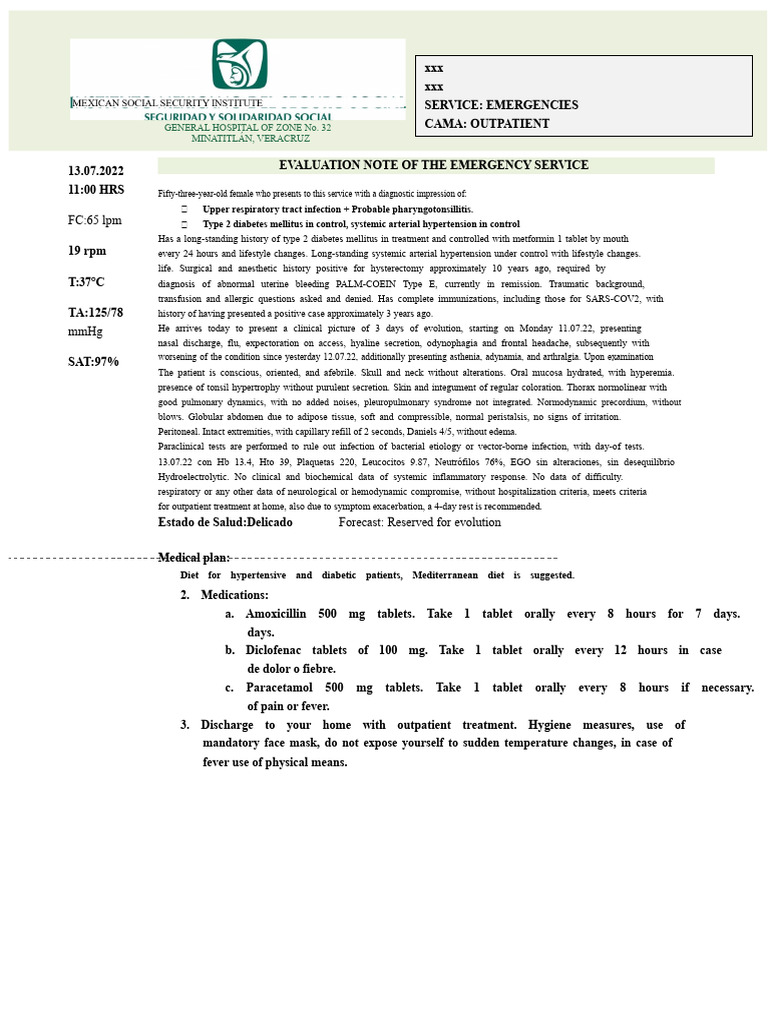 Example emergency note | PDF | Diabetes | Hypertension