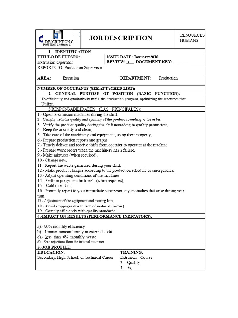 Extrusion Operator Job Description | PDF