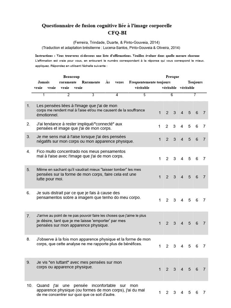 Questionnaire sur l'image corporelle CFQ-BI | PDF | Psychologie ...