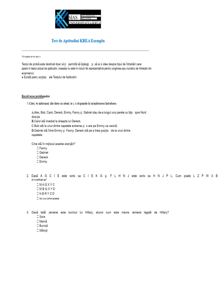 Test de Aptitudini Krea 2023 24 | PDF