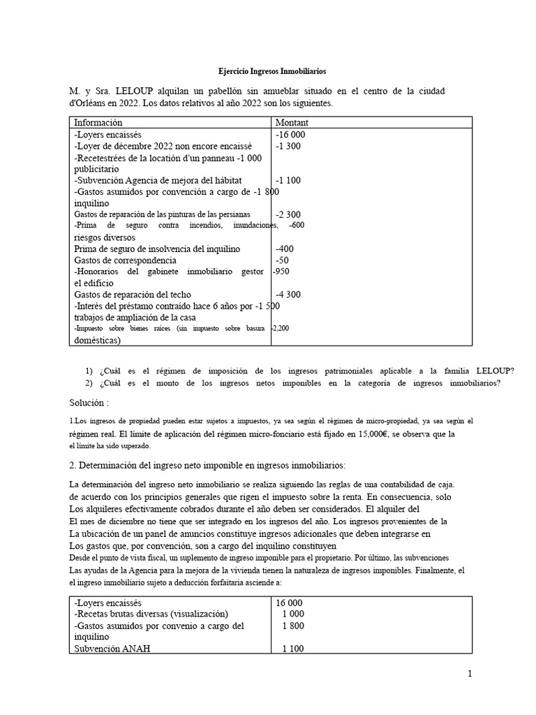 Ejercicio de Ingresos Inmobiliarios | PDF | Impuestos | Economias
