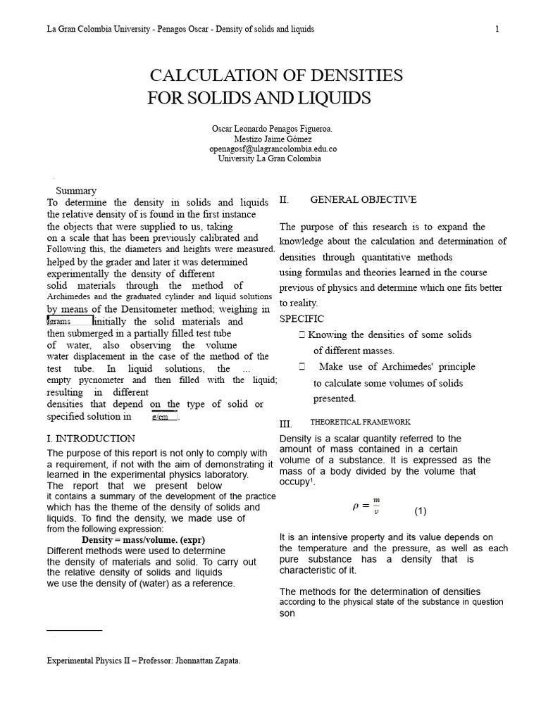 Density Calculation of Solids and Liquids | PDF | Density | Mean