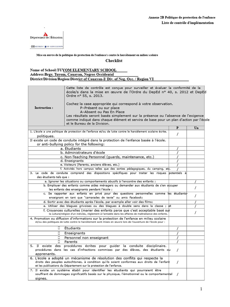 Annexe 2B Politique de Protection de L'enfant Checklist de Mise en ...