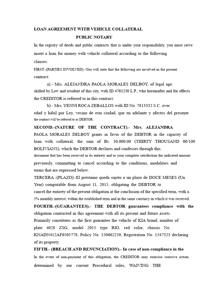 MONEY LOAN CONTRACT WITH VEHICLE COLLATERAL | PDF | Civil Law (Legal ...
