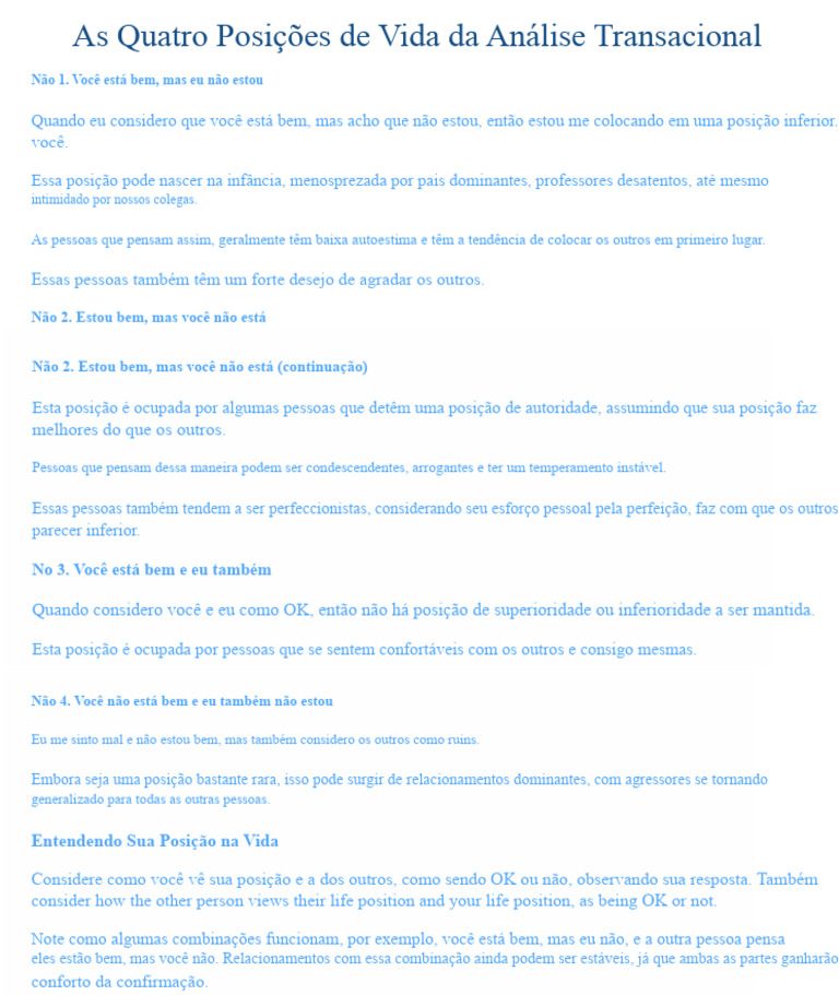 Quatro Posições de Vida na Análise Transacional | PDF