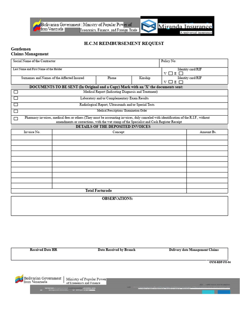Reimbursement Request H.C.M (OYM-RDP-FO-04) Miranda Insurance | PDF