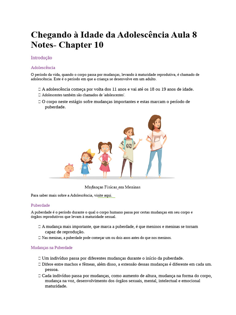 Notas da Aula 8: Atingindo a Idade da Adolescência - Capítulo 10 | PDF ...