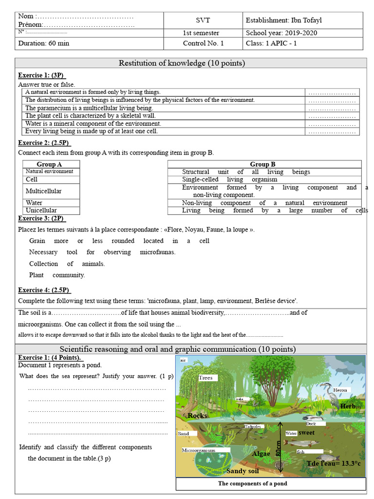 SVT Control 1: 1st Semester Exam 2019-2020 | PDF | Biology | Organisms