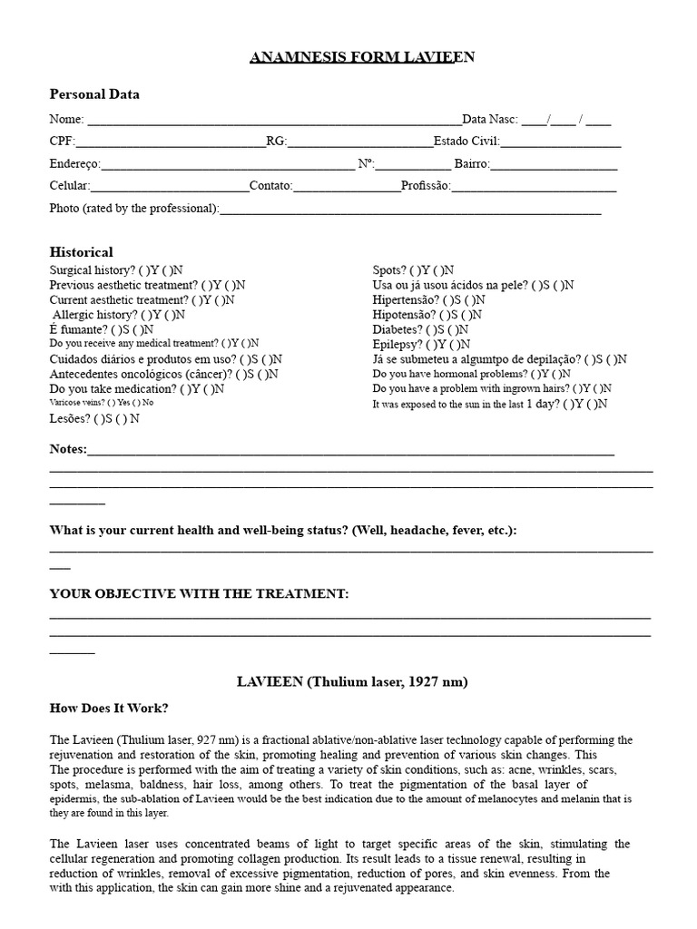 ANAMNESIS FORM LAVIEEN | PDF | Scar | Skin