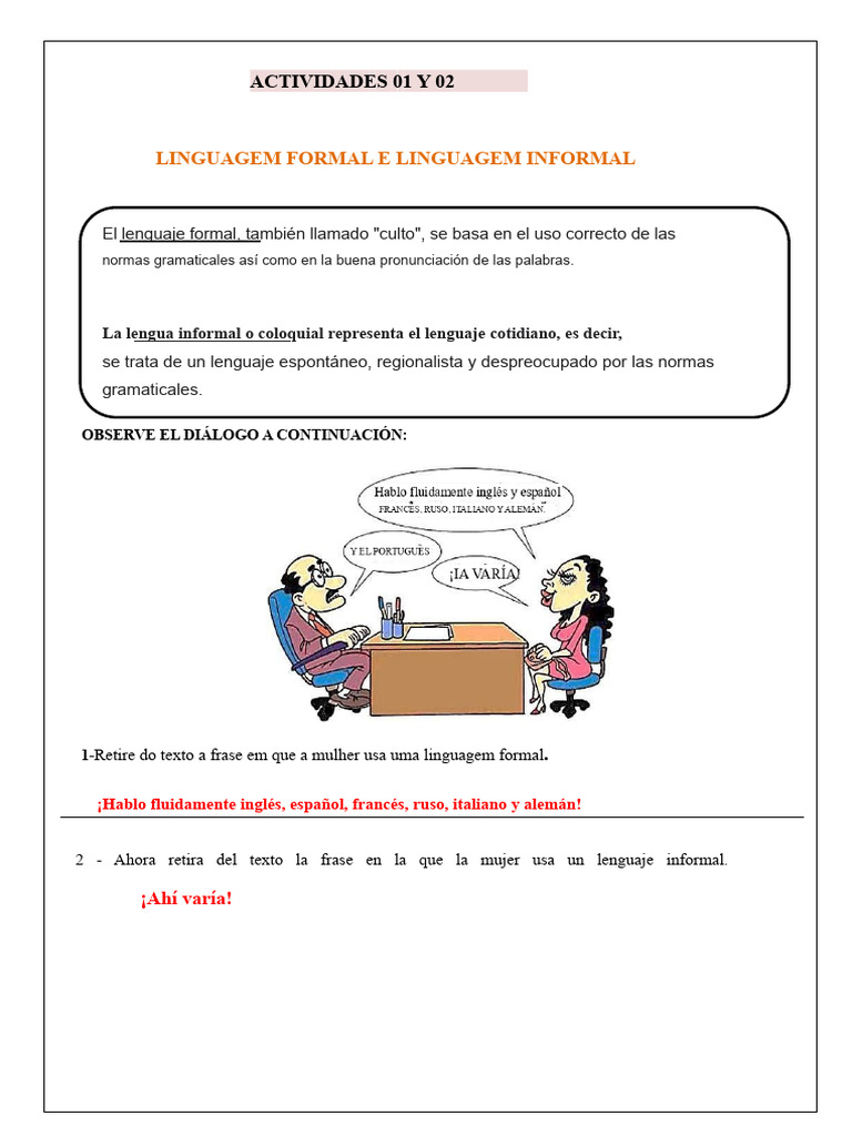 Lenguaje Formal e Informal: Actividades y Ejemplos | PDF | Lingüística ...