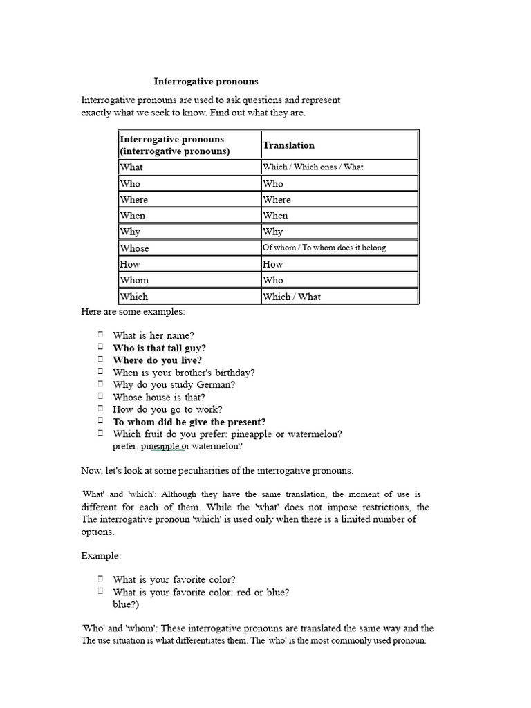 Interrogative pronouns | PDF | Pronoun | English Language