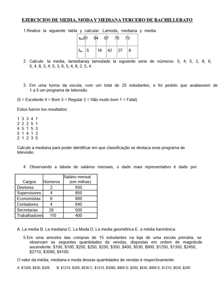 Exercícios de Estatística: Média, Moda e Mediana | PDF | Média ...
