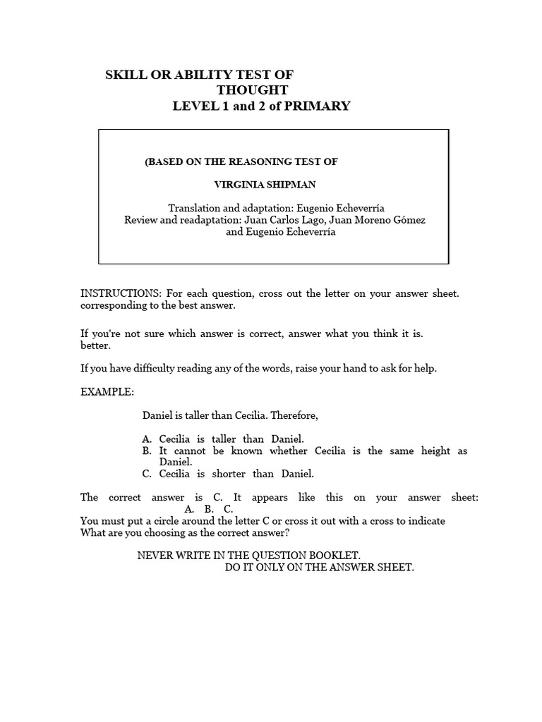 Thinking skills test for first and second grade | PDF | Multiple Choice