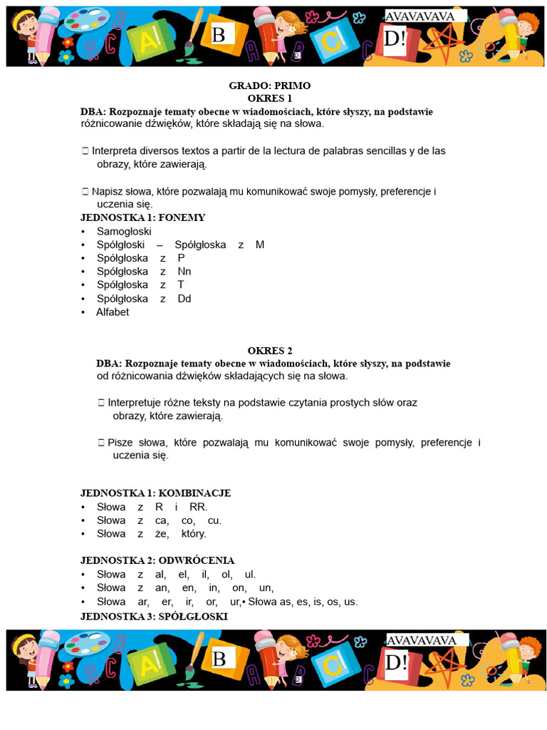 Plan Obszaru Języka 1°-11° Z Dba | PDF