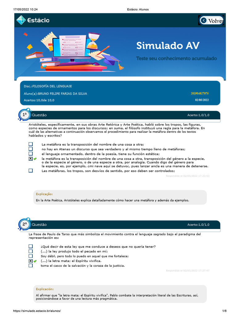 Estácio - Alumnos - PDF EXAMEN 0203 | PDF | Metáfora | Psicoanálisis