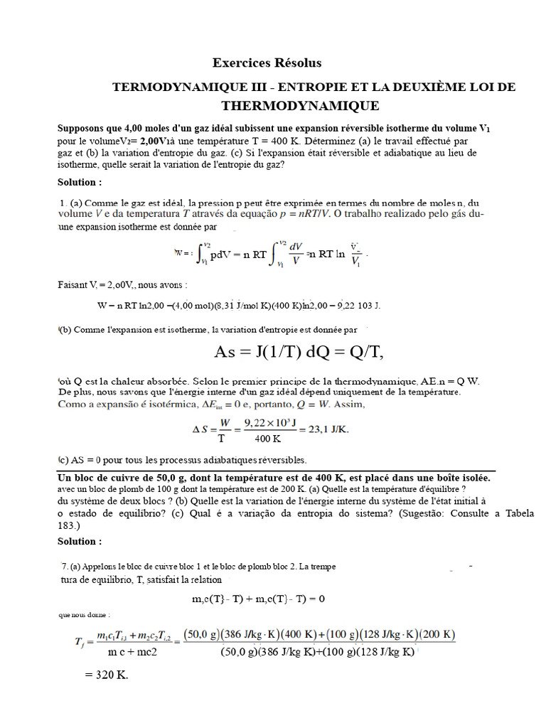 Exercices sur l'entropie et thermodynamique | PDF | Entropie ...