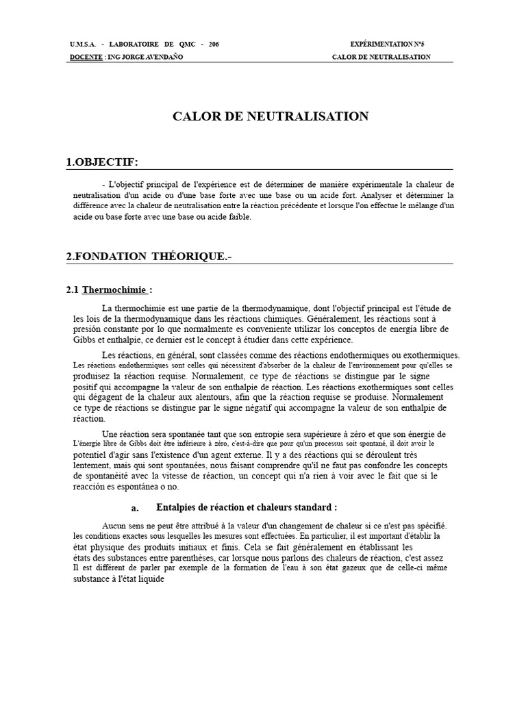 Chaleur de Neutralisation en Thermochimie | PDF | Chaleur | Enthalpie