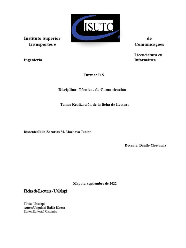 Ficha de Lectura - Ualalapi | PDF | Mozambique | Escritura
