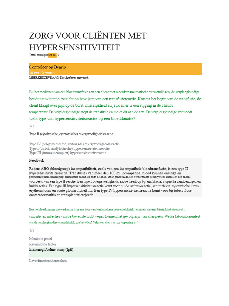 Zorg Voor Clienten Met Hypersensitiviteit | PDF