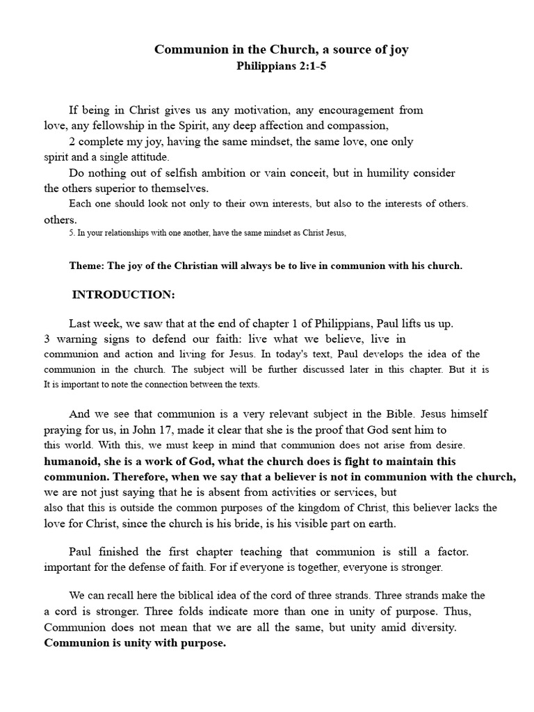 Communion in the Church, a source of joy - Philippians 2:1-4 - Sermon ...