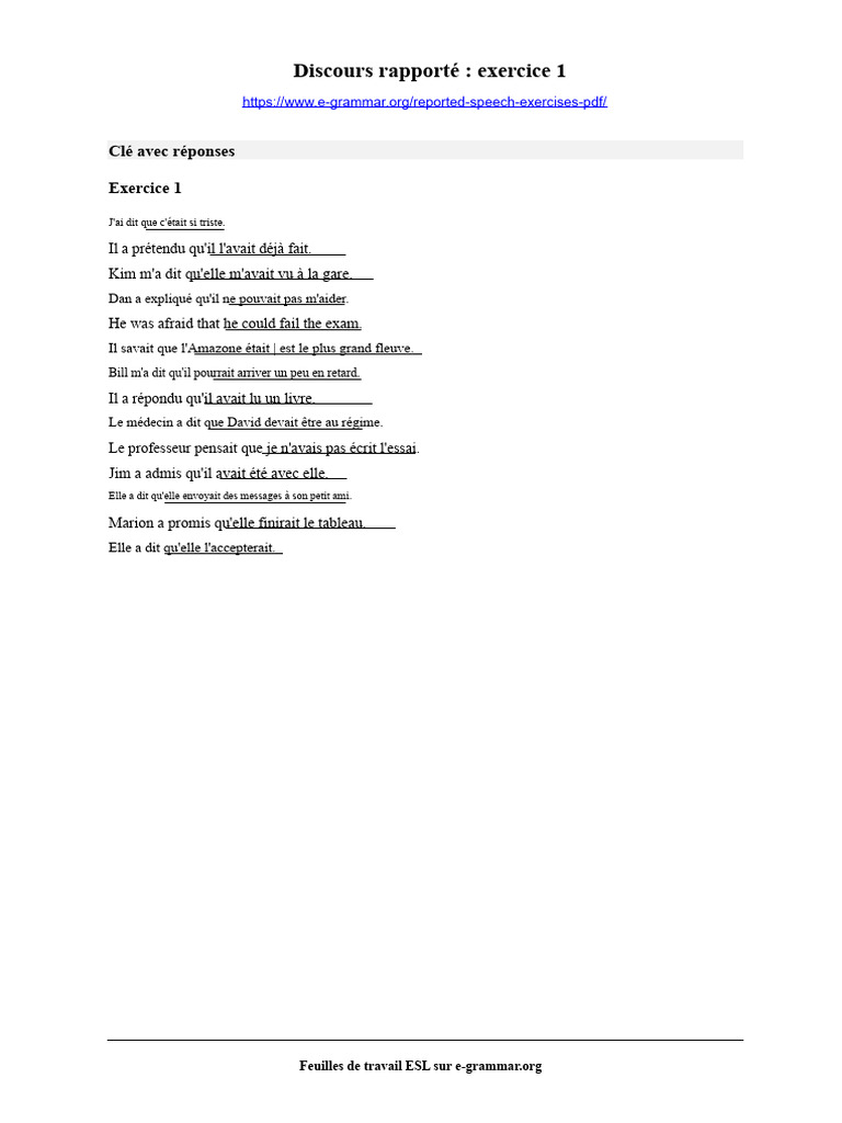 Exercice de discours rapporté ESL | PDF