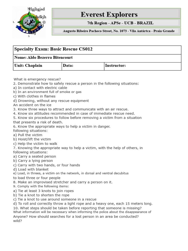 Basic Rescue Specialty Exam | PDF