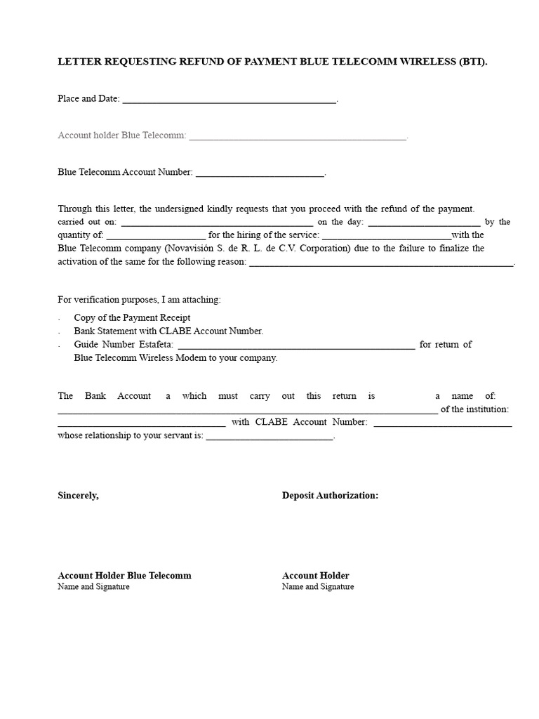 Refund Request for Blue Telecomm Payment | PDF