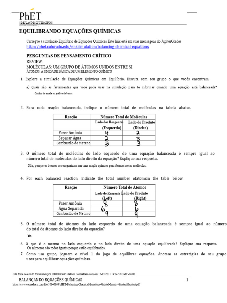 pHET Balancing Chemical Equations Guided Inquiry StudentHandout PDF ...
