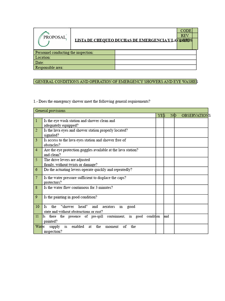 Emergency Shower and Eye Wash Inspection Checklist | PDF | Water | Shower
