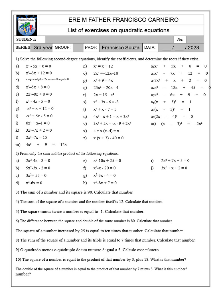 Second degree equation list hard | PDF | Numbers | Quadratic Equation