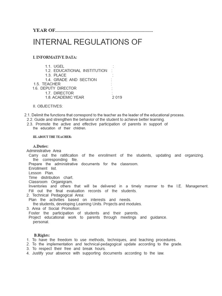 MODEL 2 INTERNAL CLASSROOM REGULATIONS | PDF | Teachers | Learning