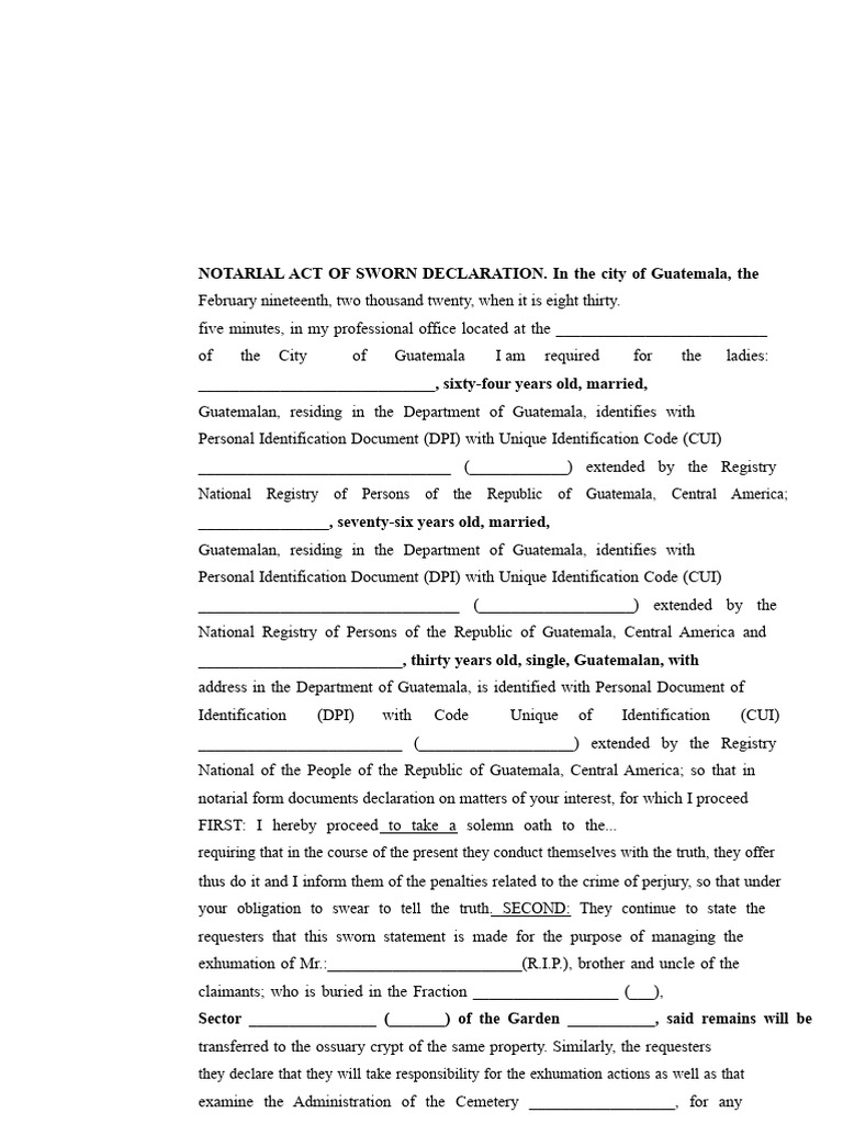Notarial Act for Exhumation in Guatemala | PDF | Affidavit | Perjury