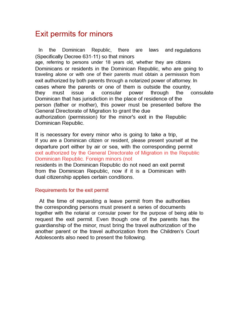 Exit Permits for Minors in the DR | PDF | Travel Visa | Birth Certificate