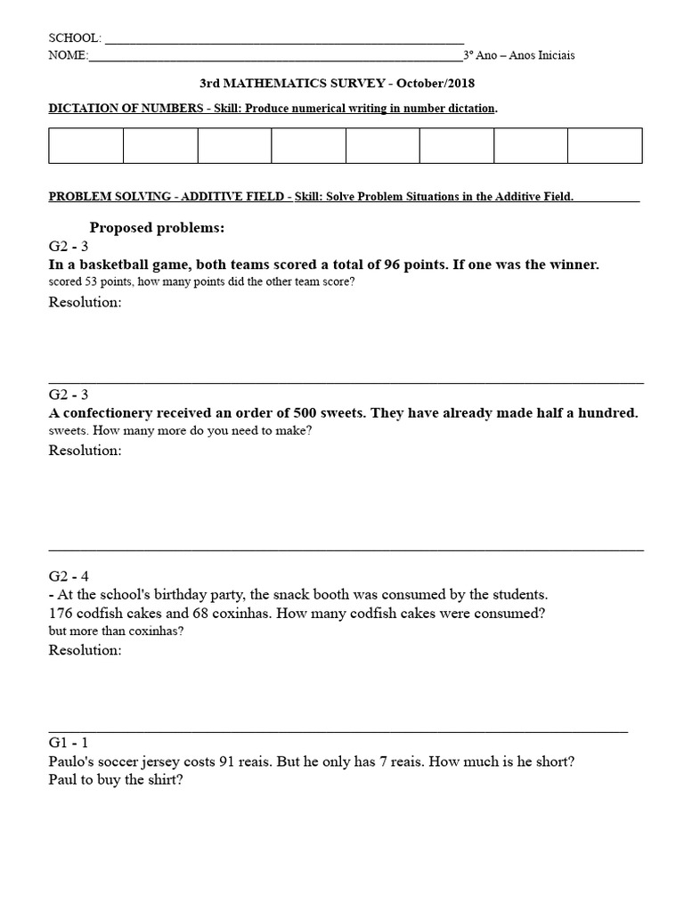 3rd Grade Math Survey October 2018 | PDF