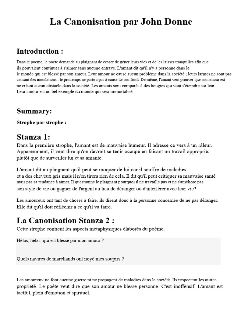 La Canonisation Par John Donne | PDF | Amour