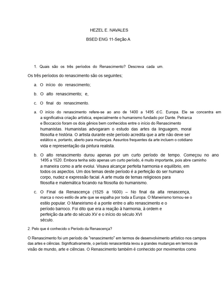 Períodos e Características do Renascimento | PDF | Renascimento | Humanismo