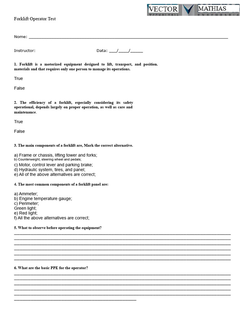 Forklift Operator Test Questions and Guidelines | PDF | Forklift ...