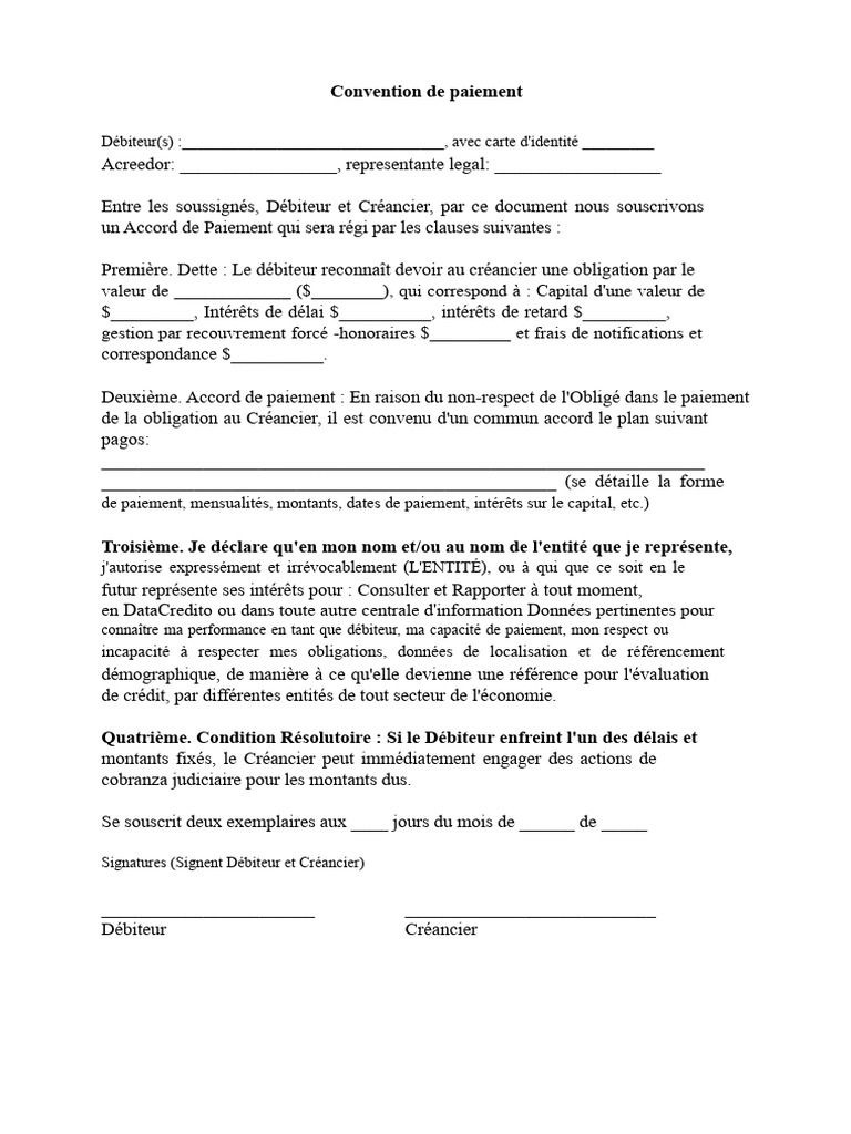 Accord de Paiement entre Débiteur et Créancier | PDF