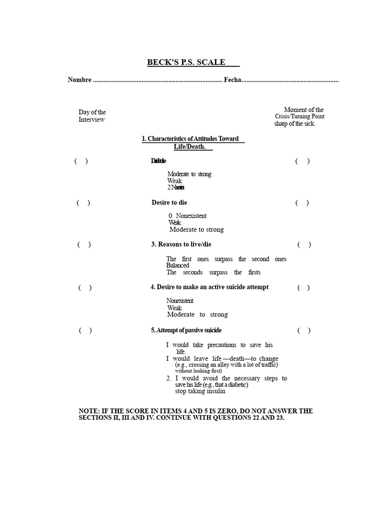 Beck's Scale for Suicidal Thoughts Assessment | PDF | Suicide ...