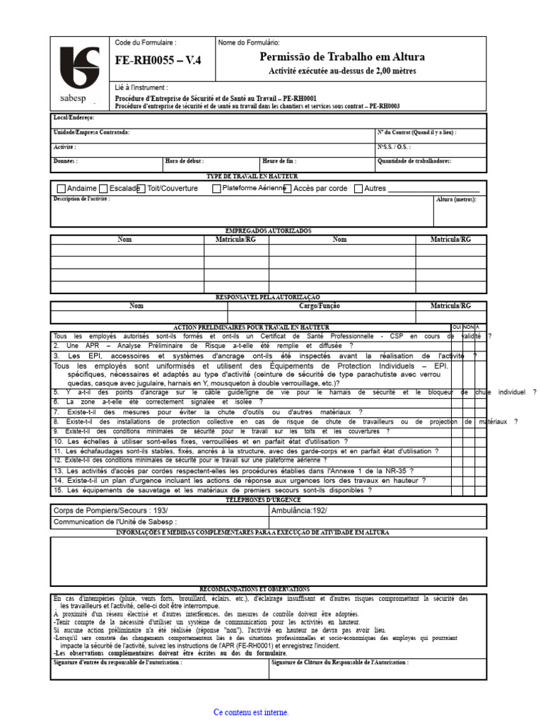 Permis de Travail en Hauteur - Formulaire | PDF | Sécurité