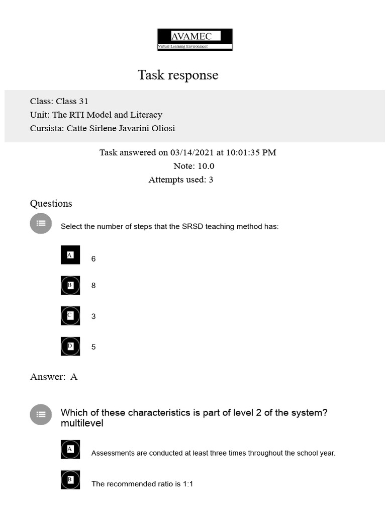 Response-Questionnaire-05. Quiz The RTI Model and Literacy | PDF ...