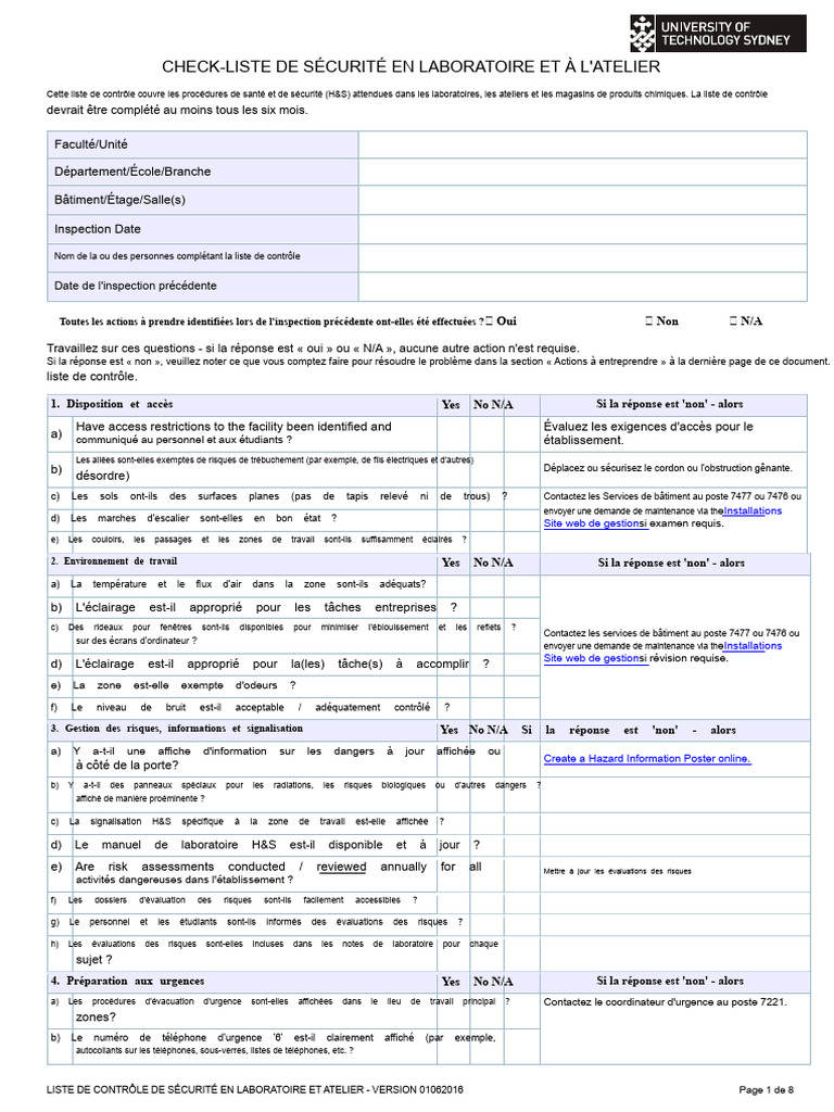 Check-list Sécurité Laboratoire et Atelier | PDF | Premiers secours