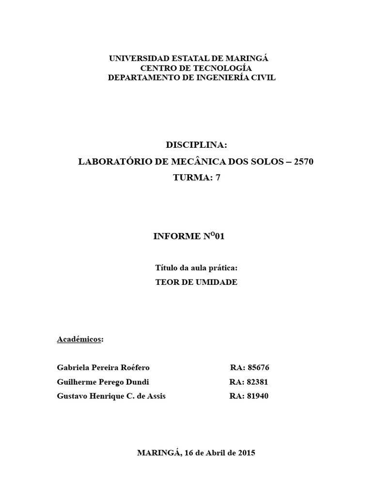 Informe 1 - Teor de Humedad | PDF | Humedad | Agua