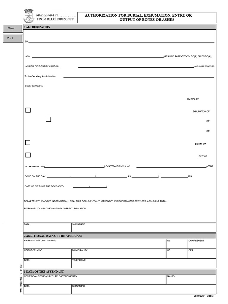 Burial and Exhumation Authorization Form | PDF | Burial | Traditions